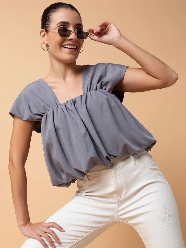 Extra Savings Women Solid Grey Blouson Top
