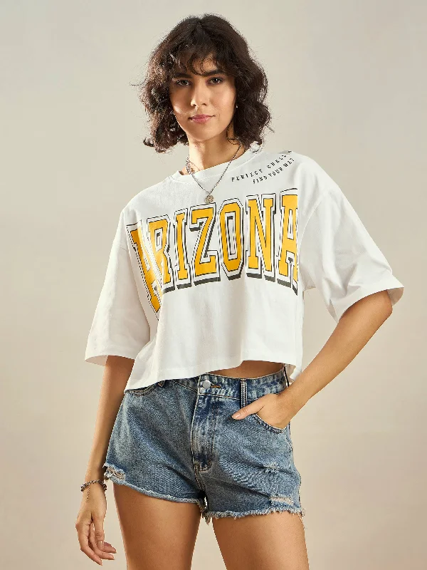 Hurry In Women White ARIZONA Printed Crop T-shirt