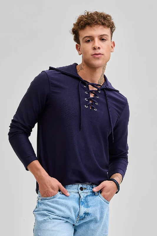 Weekend Deals That Please Navy Lace-Up Textured Hoodie