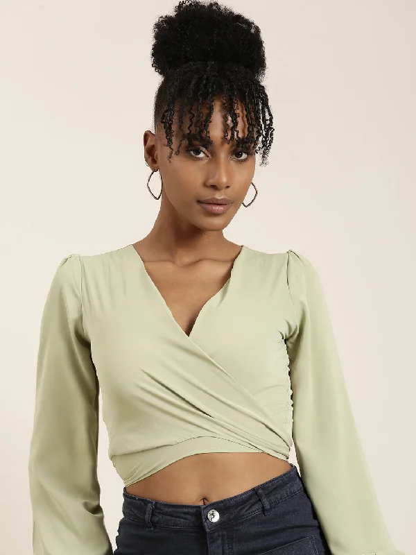 Special Offer Women Sea Green Solid Wrap Crop Top