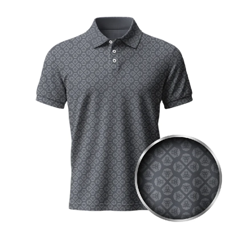 Clearance Items Lion Shield Dark Grey Pattern Print Short Sleeve Polo (Classic Fit)