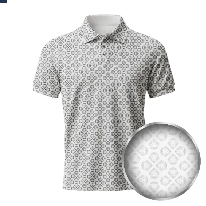 Super Sale Lion Shield White & Grey Pattern Print Short Sleeve Polo (Classic Fit)