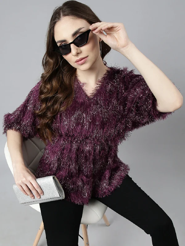 Shop the Weekend Away Women Purple Solid Cinched Waist Top