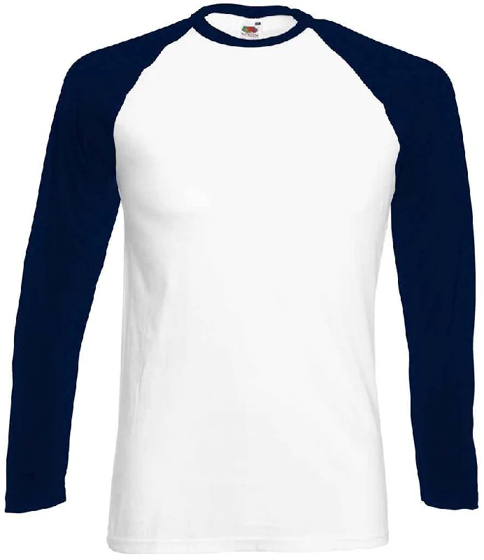 Final Markdown Fruit of the Loom Contrast Long Sleeve Baseball T-Shirt | White/Deep Navy