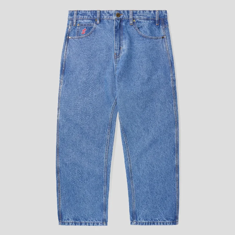 Hurry In Cash Only Logo Baggy Denim Jeans - Light Indigo
