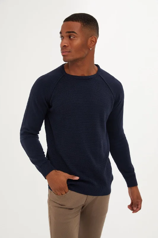 Weekend Extravaganza: Shop Now Slim Fit Patterned Cotton Blend Red Crewneck Sweater, Navy