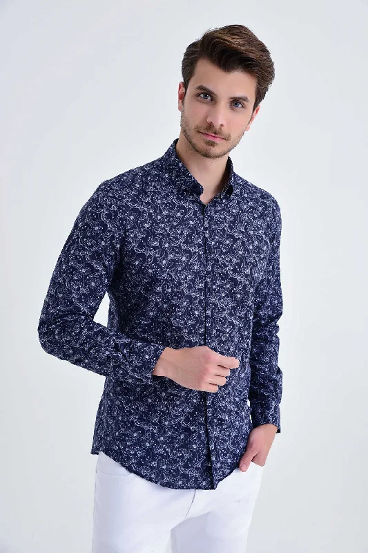 Weekend Deals That Sizzle Slim Fit Long Sleeve Floral Printed Cotton Navy Casual Shirt