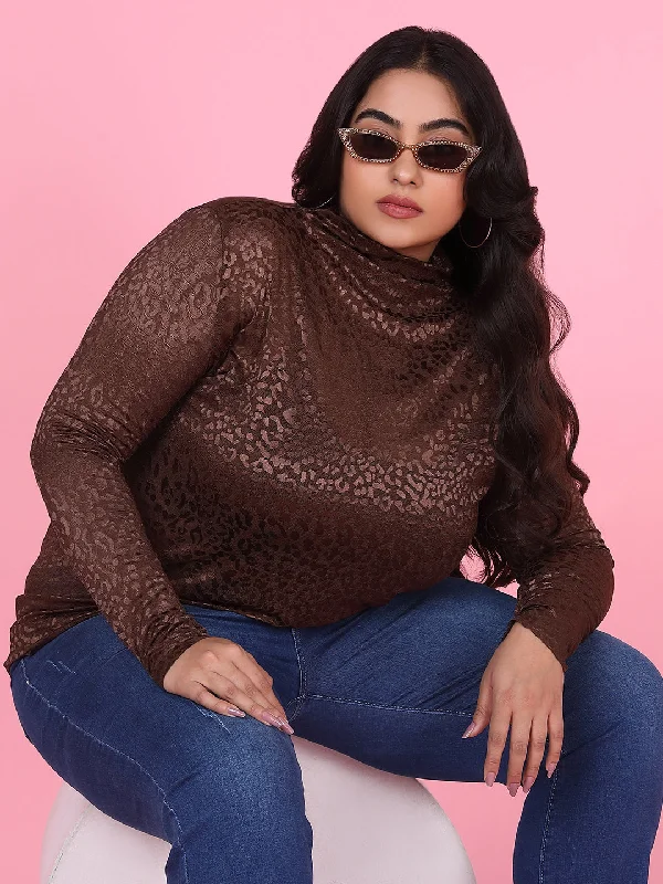 Weekend Bargains to Enjoy Women Solid Brown Sheer Top