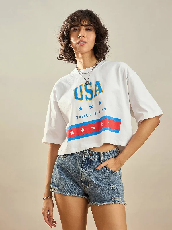 Unbeatable Deal Women White USA Printed Crop T-shirt