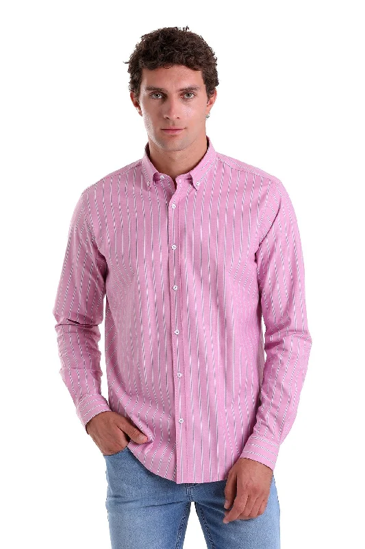 Make Your Weekend Count with Savings Slim Fit Long Sleeve Striped Cotton Blend Pink Casual Shirt