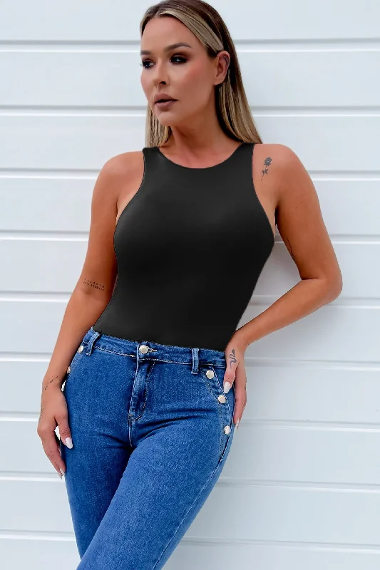 Weekend Savings Bonanza Prim Black Slinky Sleeveless Bodysuit