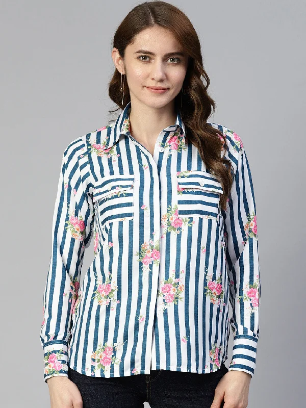 Unbeatable Prices Women  Striped Double Pocket Shirt Style Top