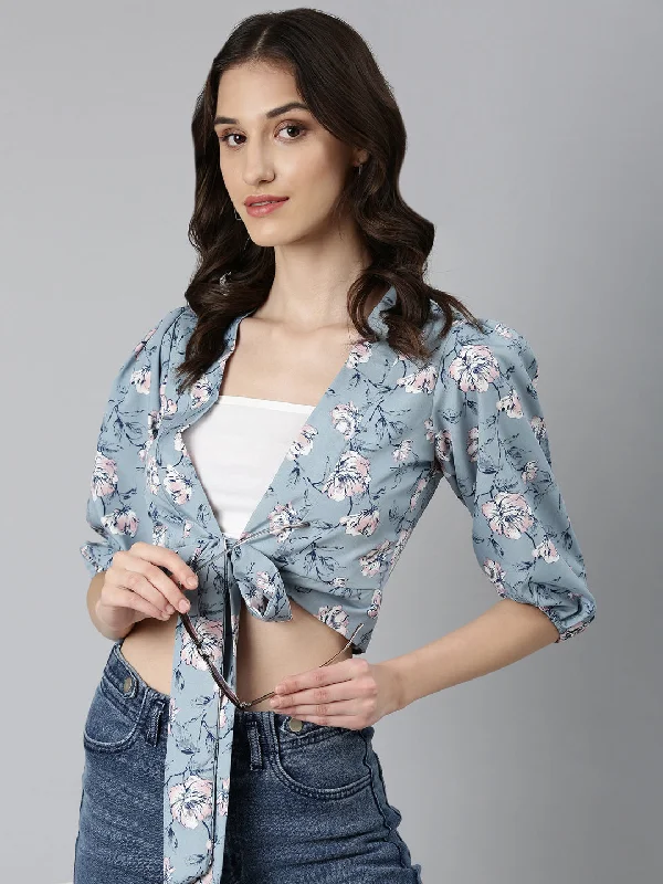 Crazy Deal Women Blue Floral Wrap Crop Top