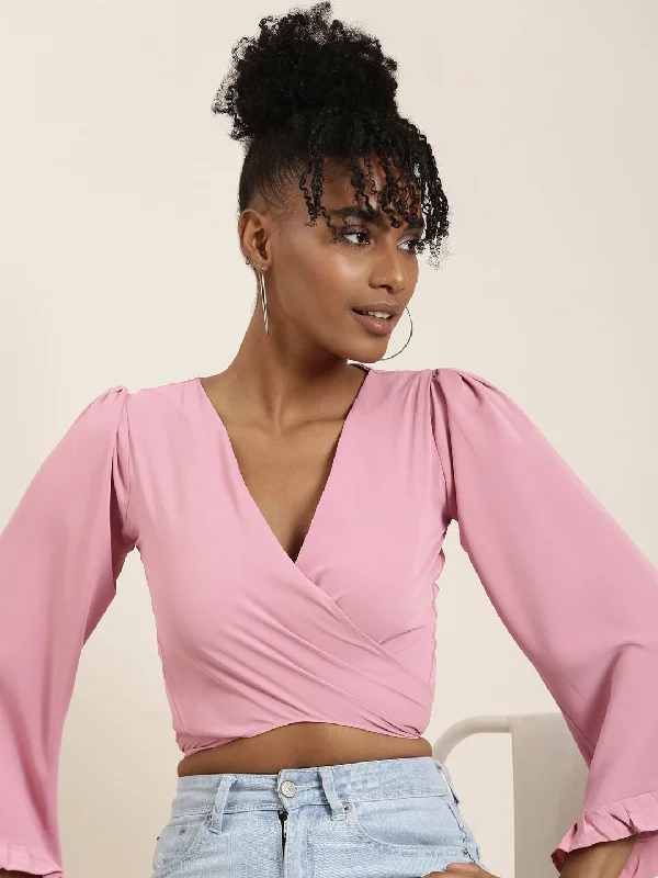 Weekend Offers That Thrill Women Pink Solid Wrap Crop Top