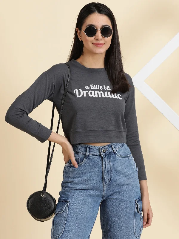 Instant Deal Women's Grey Printed Crop Top