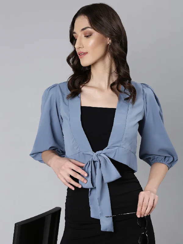 Weekend Bargains to Relish Women Blue Solid Wrap Crop Top