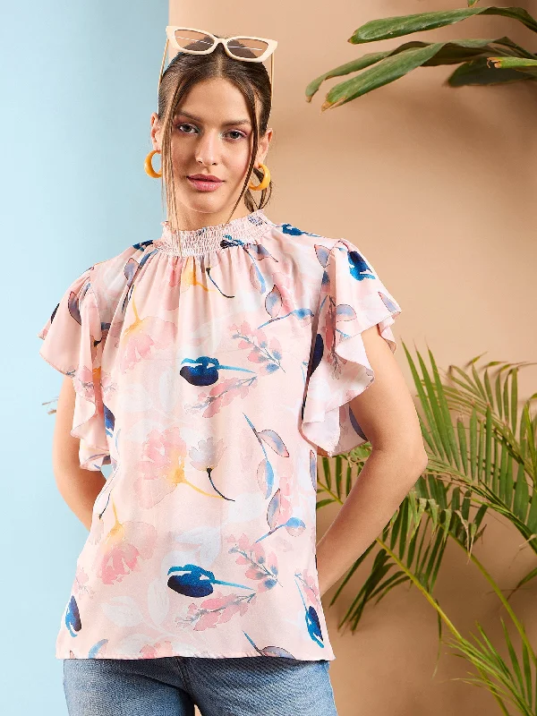 Instant Deal Women Peach Floral Smocked Neck Regular Top