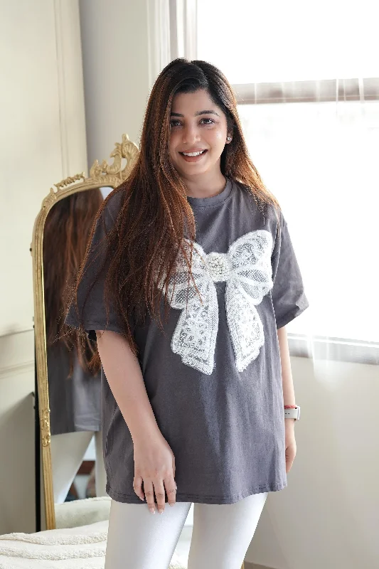 Today's Deal Woxa Grey Bow Embellished Tshirt