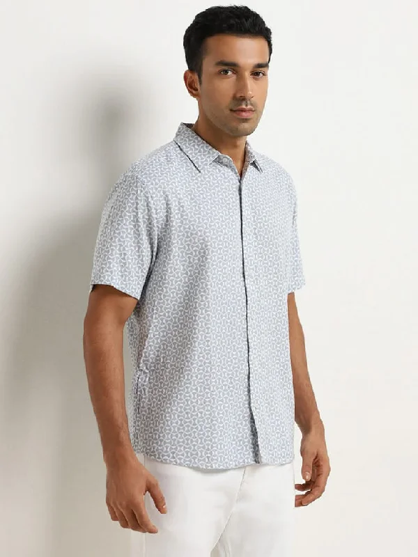 Weekend Savings Galore Ascot Blue Geometric Printed Relaxed-Fit Blended Linen Shirt