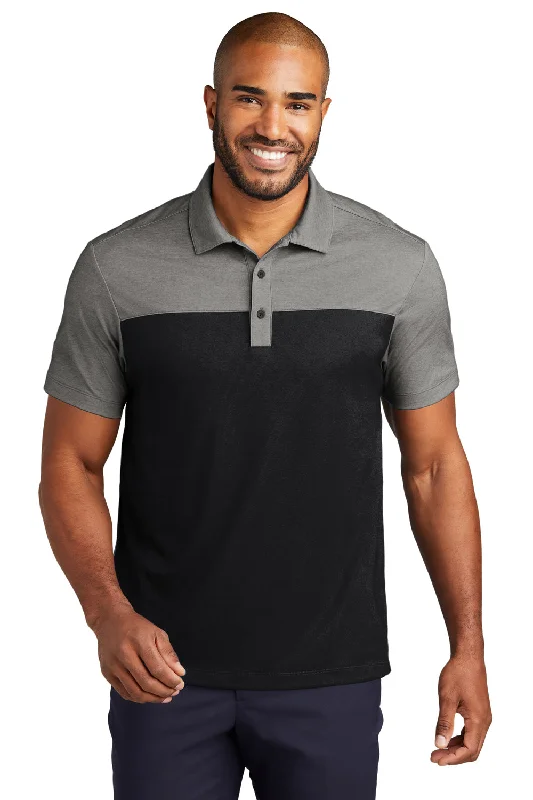 Price Cut Port Authority Mens Fine Pique Blocked Moisture Wicking Short Sleeve Polo Shirt - Deep Black/Heather Charcoal Grey