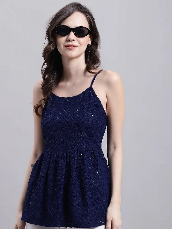 Time-Sensitive Women's Navy Blue Chikankari Sequen Work Empire Top