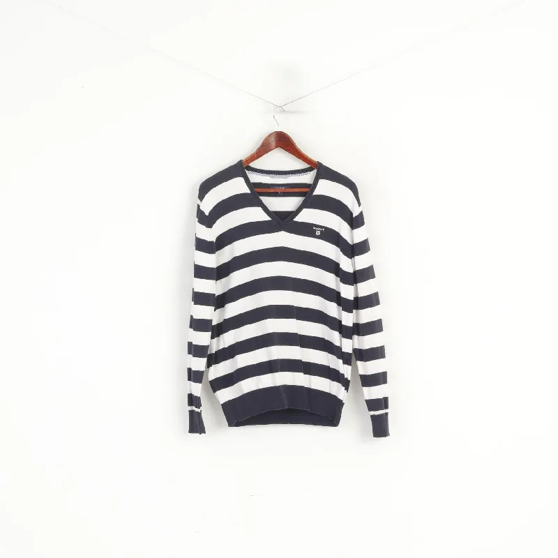 Price Drop Gant Men L (M) Jumper Navy Striped Marine 100% Cotton V Neck Classic Sweater