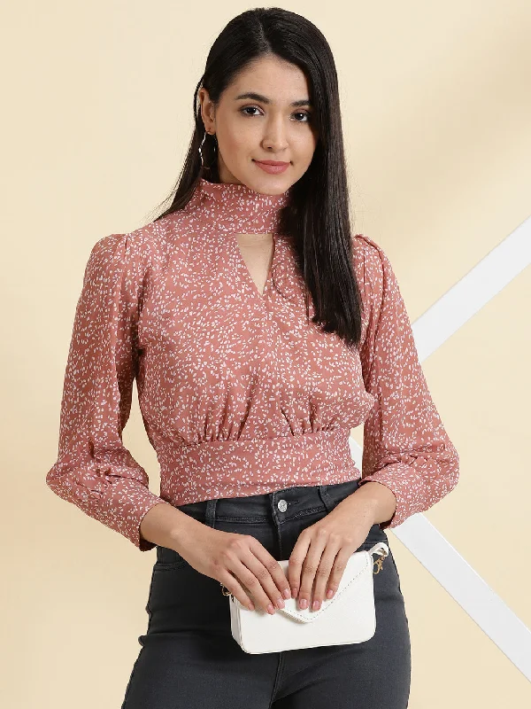 Super Deal Women's Mauve Printed Cinched Waist Crop Top