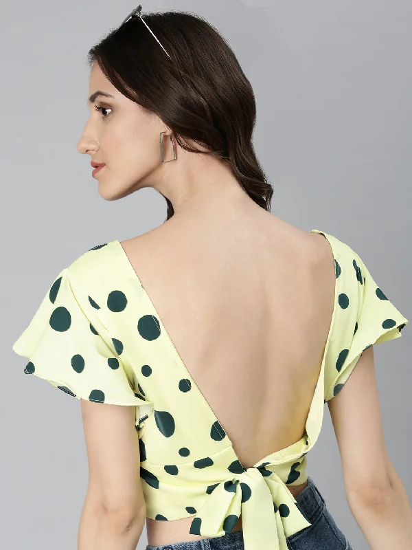 Weekend Shopping Bliss Women Lime Green Polka Dots Blouson Crop Top