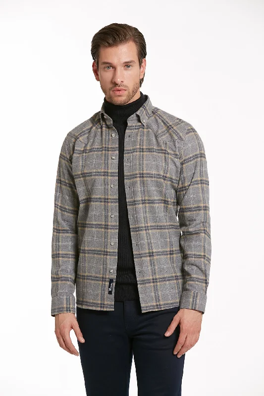 Weekend Offers That Amaze Slim Fit Long Sleeve Checked Cotton Blend Casual Shirt, Gray K.