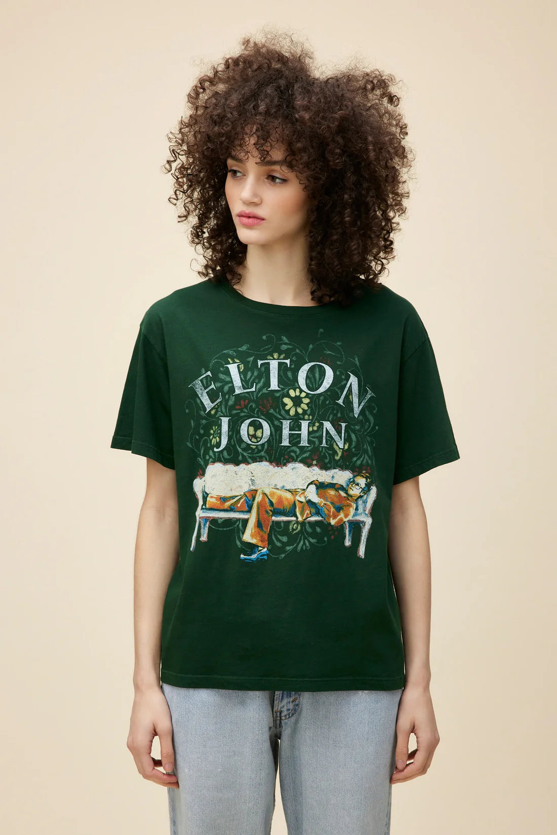 Don't Delay Elton John Floral Boyfriend Tee - Vintage Green