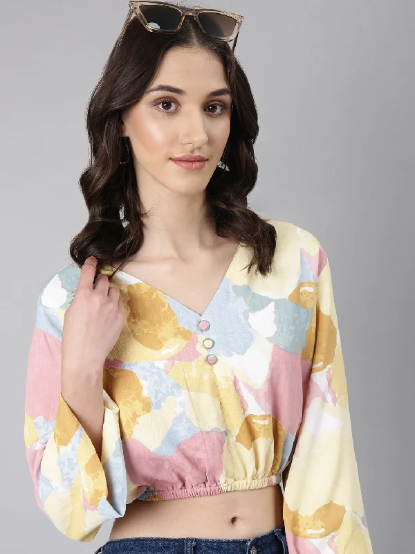 Unbeatable Deal Women Yellow Printed Blouson Crop Top