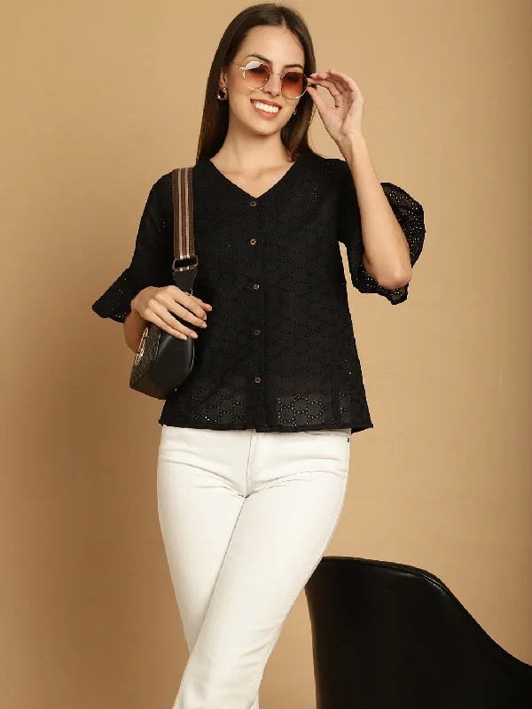 Weekend Discounts to Delight Embroidered Cotton V-Neck Top for Women