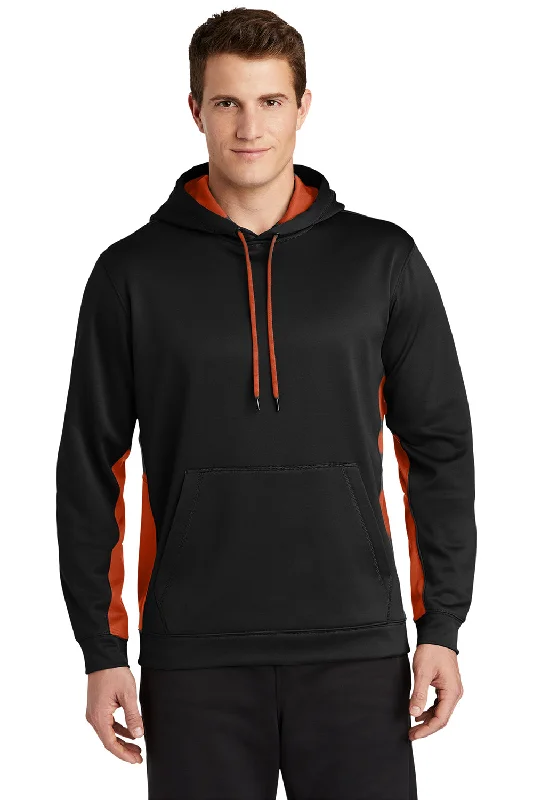 Major Deal Sport-Tek Mens Sport-Wick Moisture Wicking Fleece Hooded Sweatshirt Hoodie w/ Pouch Pocket - Black/Deep Orange