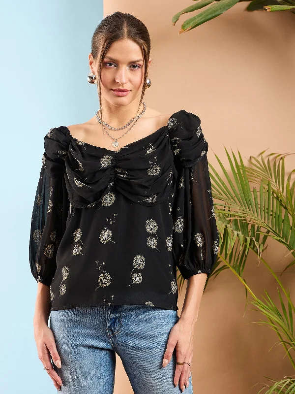 Unbeatable Prices Women Black Floral Ruched Cowl Neck Top
