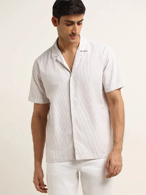 Weekend Discounts to Delight WES Casuals Light Taupe Striped Relaxed-Fit Cotton Shirt