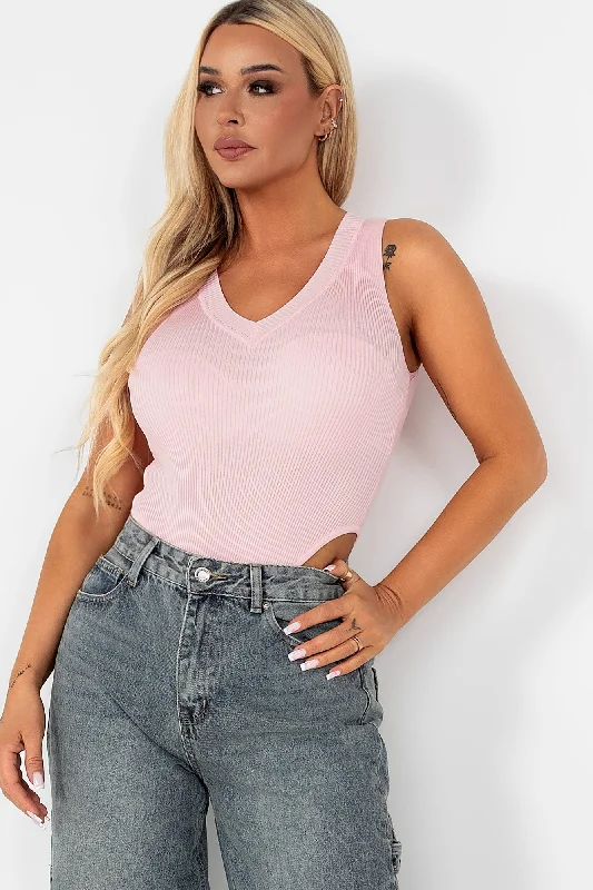 Hurry In Jaelyn Pink Knit Sleeveless Bodysuit