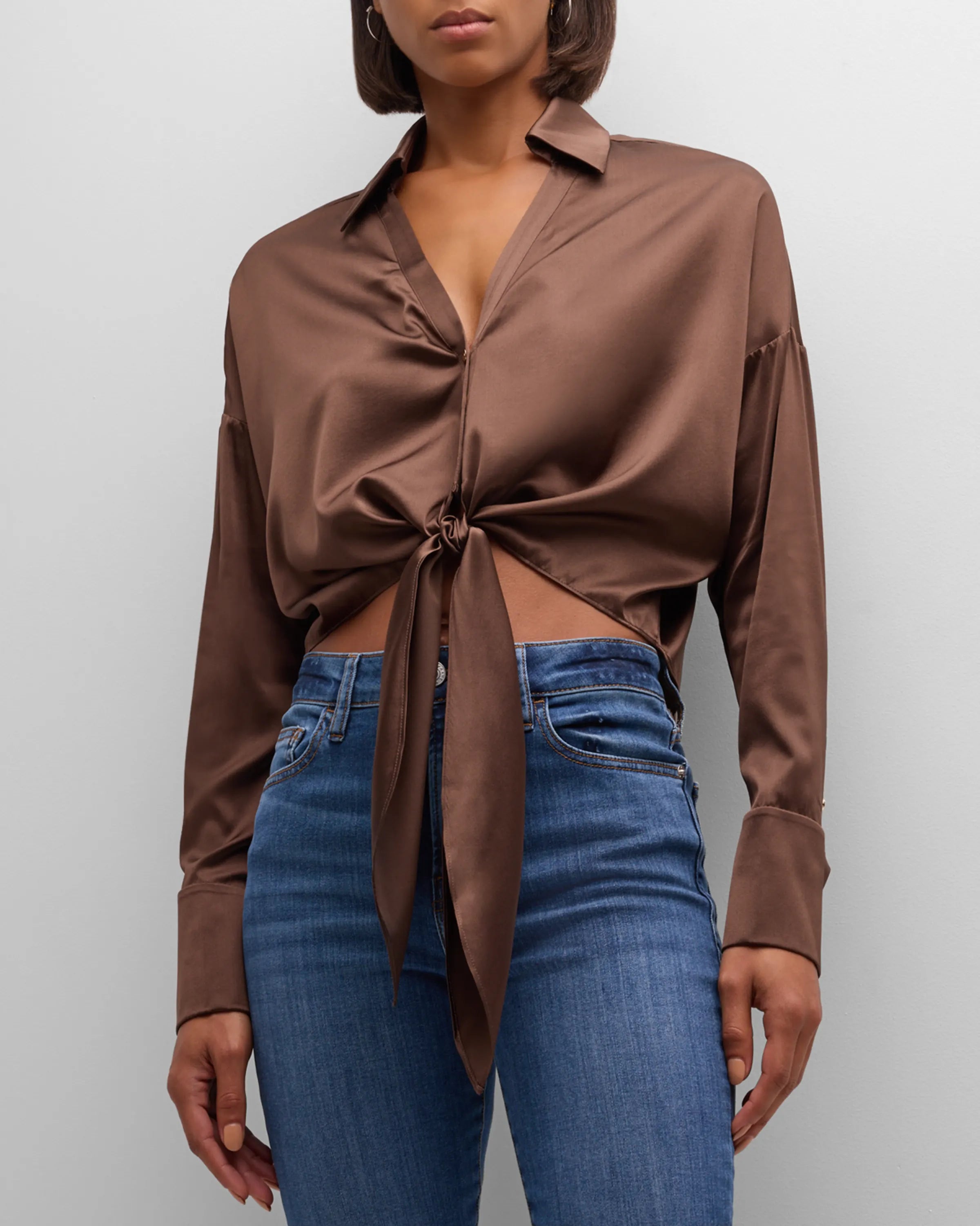 Weekend Bargains to Snag Farrah Silk Tie Front Blouse - Desert