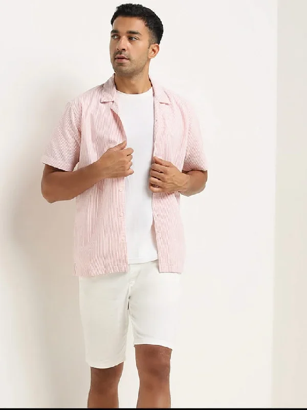 Weekend Savings Extravaganza WES Casuals Coral Stripe Pattern Relaxed-Fit Cotton Shirt