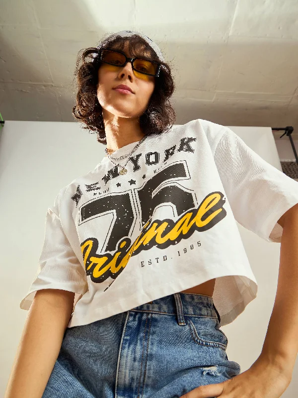 Weekend Discounts to Delight Women White ORIGINAL Printed Crop T-shirt