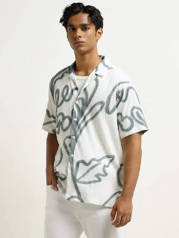 Weekend Savings Delight Nuon Teal Graffiti Design Crinkled Relaxed-Fit Cotton Shirt