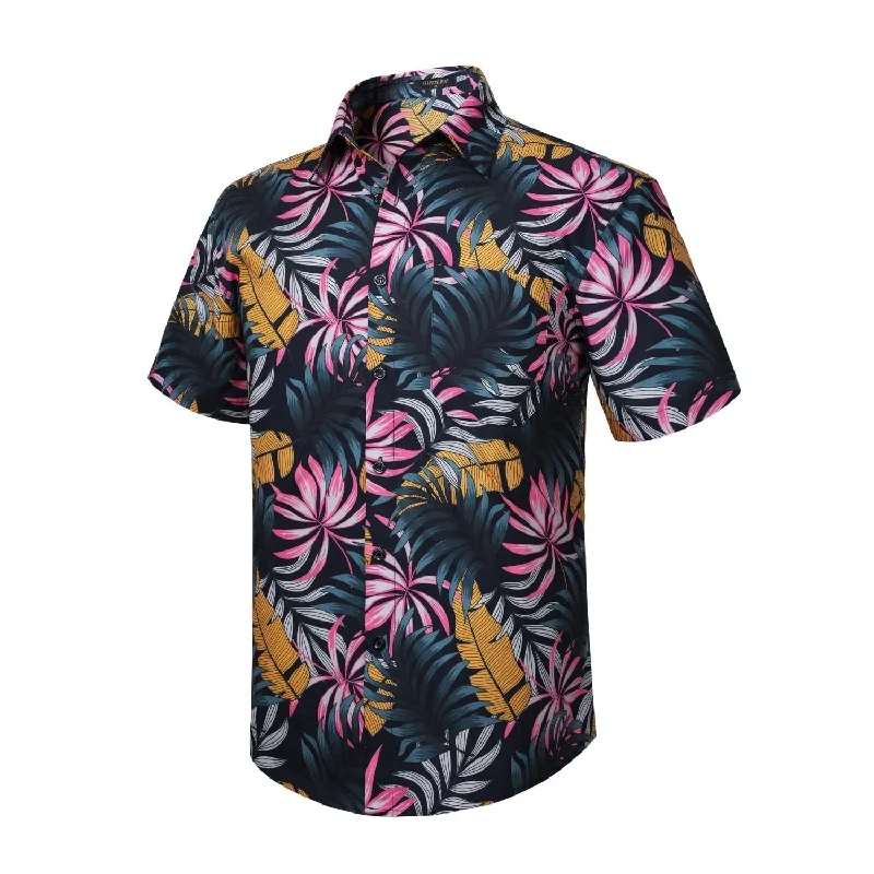Time-Limited Offer Funky Hawaiian Shirts with Pocket - 15-BLACK\LEAVES