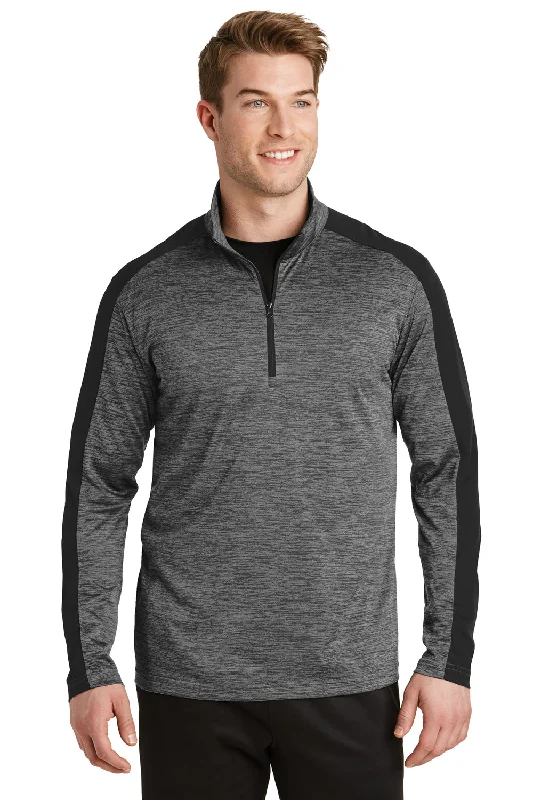 Time-Sensitive Sport-Tek Mens Electric Heather Moisture Wicking 1/4 Zip Sweatshirt - Grey Black Electric/Black