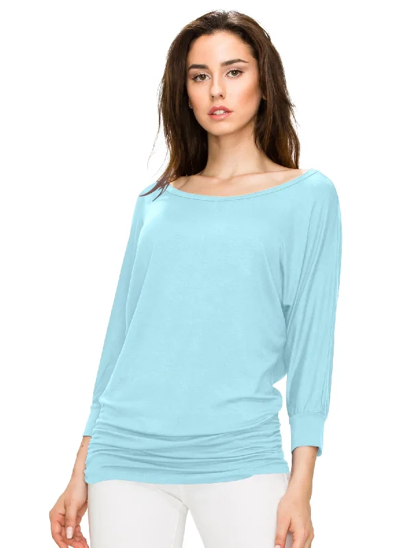 Lowest Price Women's Crew Neck 3/4 Sleeve Drape Dolman Top with Side Shirring