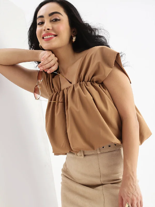 Midnight Madness Women Solid Brown Blouson Top