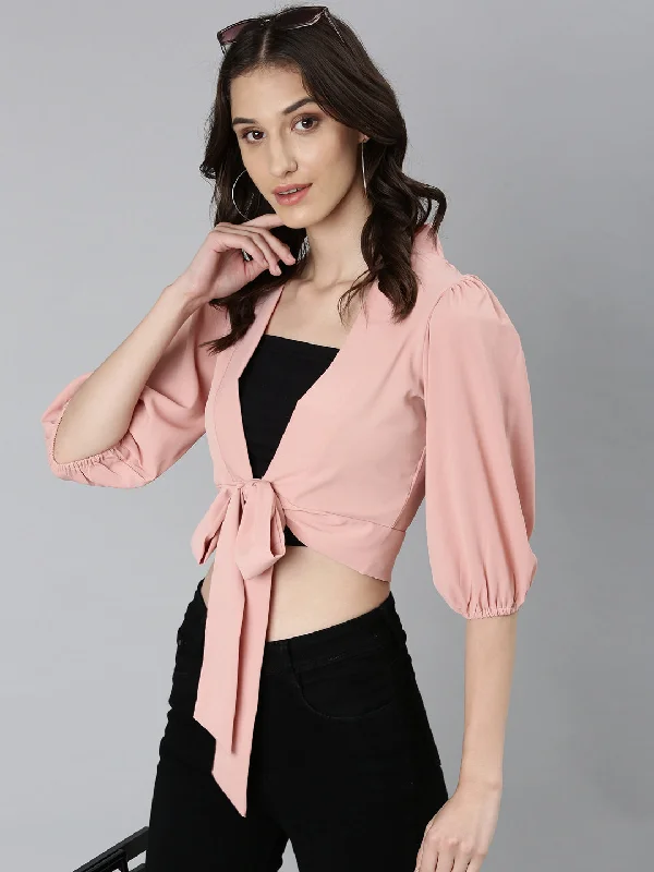 Value Deals Women Peach Solid Wrap Crop Top