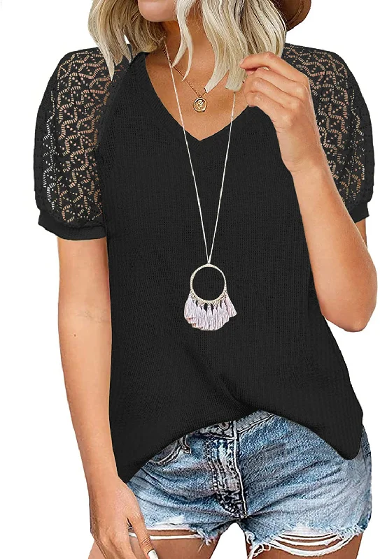 Super Discount Haute Edition Women's Crochet Puff Short Sleeve V-Neck Blouse