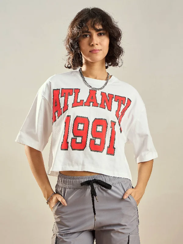 Overstock Clearance Women White ATLANTA Printed Crop T-shirt