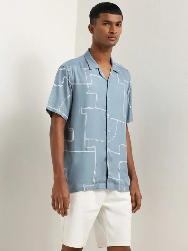 Weekend Savings Fiesta Nuon Dusty Blue Geometrical Design Relaxed-Fit Shirt