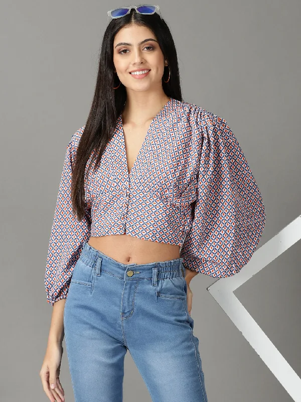 Value Pack Women V-Neck Printed Navy Blue Cinched Waist Top