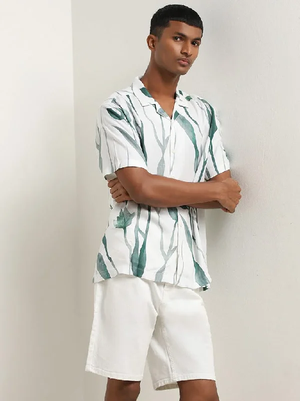 Weekend Discounts to Indulge In Nuon White Foliage Pattern Relaxed-Fit Shirt